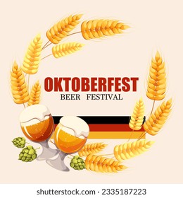 Oktoberfest, beer festival.Background with beer, wheat, hops.Vector illustration.