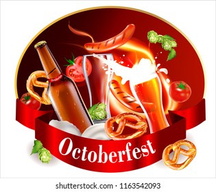 Oktoberfest beer festival.Vector Beer Glass, Barbeque Sausage, Bavarian pretzel, onion rings, Fire. Foam Splash.Label, sticker, logo, leaflet for sale of beer.