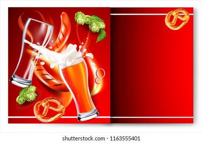 Oktoberfest beer festival.Vector Beer Glass, Barbeque Sausage, Bavarian pretzel, onion rings, Fire. Foam Splash.Label, sticker, logo, leaflet for sale of beer.