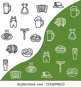 Oktoberfest, beer flat line icons set. Beer, sausage, pretzel and Bavarian hat, beer glass, barrel. Simple flat vector illustration for store, web site or mobile app.