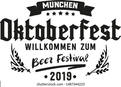 Oktoberfest beer folk festival in Germany, handwritten typography header for greeting cards, poster and beer coaster. October festivities in Bavaria. Willkommen zum means welcome.