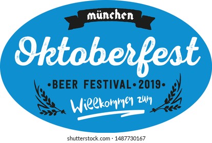 Oktoberfest beer folk festival in Germany, handwritten typography header for greeting cards, poster and beer coaster. October festivities in Bavaria. Willkommen zum means welcome.