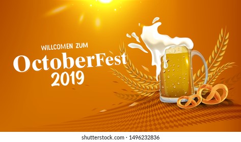 Oktoberfest beer folk festival in Germany, handwritten typography header for greeting cards, poster and beer coaster. October festivities in Bavaria. Willkommen zum means welcome.