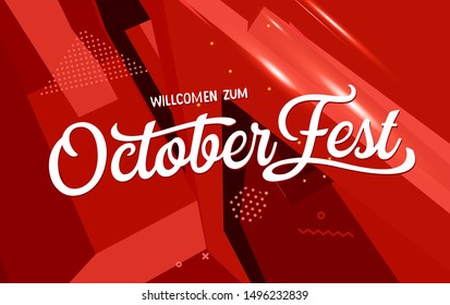 Oktoberfest beer folk festival in Germany, handwritten typography header for greeting cards, poster and beer coaster. October festivities in Bavaria. Willkommen zum means welcome.