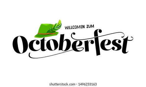 Oktoberfest beer folk festival in Germany, handwritten typography header for greeting cards, poster and beer coaster. October festivities in Bavaria. Willkommen zum means welcome.