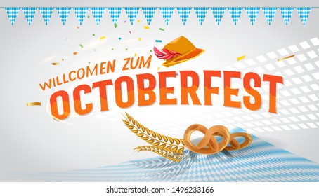 Oktoberfest beer folk festival in Germany, handwritten typography header for greeting cards, poster and beer coaster. October festivities in Bavaria. Willkommen zum means welcome.