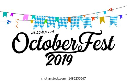 Oktoberfest beer folk festival in Germany, handwritten typography header for greeting cards, poster and beer coaster. October festivities in Bavaria. Willkommen zum means welcome.