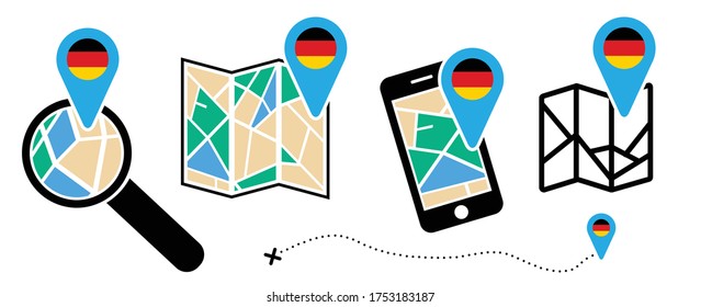 Oktoberfest beer Germany flag Folded city map location Route search tracking icons Mark maps signs Vector pin Symbol Track and trace point marker Fly travel navigation pointer Roads navigator pins