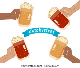 Oktoberfest beer glass in the hands of different nationalities festival. Germany traditional alcohol party. Holiday pub. October festive pretzel beer food fest. Oktoberfest beer bavarian food vector.