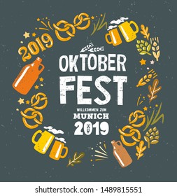 Oktoberfest beer. Beer glass. Handwritten typography. Geeting card design. Invitation, poster, flyer, coaster. Beer festival. Celebrated in October in Germany. Traditional folk festival in Bavaria.