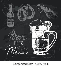 Oktoberfest beer hand drawn chalkboard design set. Black chalk texture