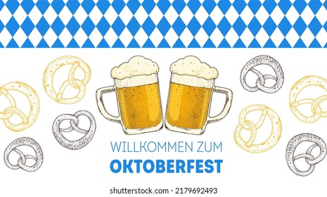 Oktoberfest beer hand drawn vector illustration. Two beer mugs and pretzels. Design template. Beer glass mugs illustration.