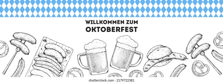 Oktoberfest beer hand drawn vector illustration. Two beer mugs, sausages, bratwurst and pretzels. Food and drink sketch. Design template. Beer glass mugs and traditional German Food illustration.