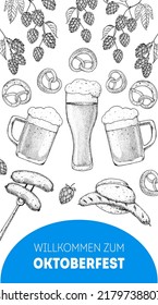 Oktoberfest beer hand drawn vector illustration. Beer mugs, sausages, bratwurst and pretzels. Food and drink sketch. Design template. Beer glass mugs and traditional German Food illustration.