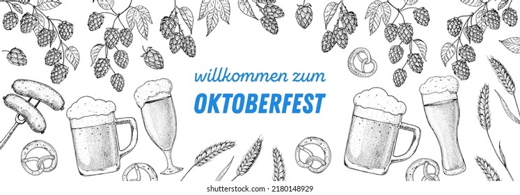 Oktoberfest beer hand drawn vector illustration. Beer mugs, sausages and pretzels. Food and drink sketch. Brewery design template. Beer glass mugs and traditional German Food illustration.