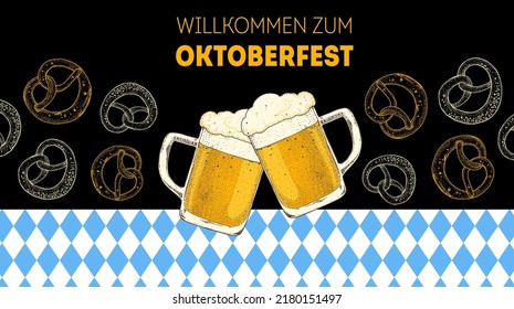 Oktoberfest beer hand drawn vector illustration. Two beer mugs and pretzels. Design template. Beer glass mugs illustration.