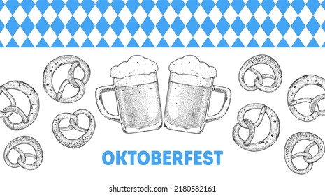 Oktoberfest beer hand drawn vector illustration. Two beer mugs and pretzels sketch. Design template. Beer glass mugs illustration