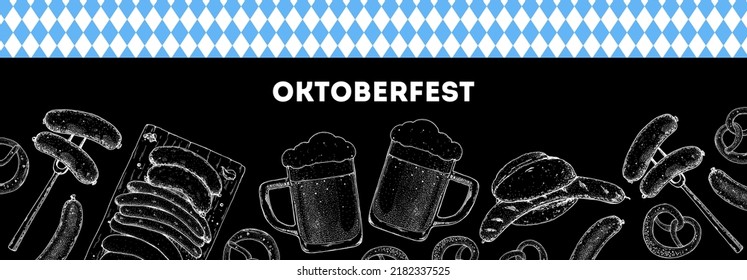 Oktoberfest beer hand drawn vector illustration. Two beer mugs, sausages, bratwurst and pretzels. Food and drink sketch. Design template. Beer glass mugs and traditional German Food illustration.