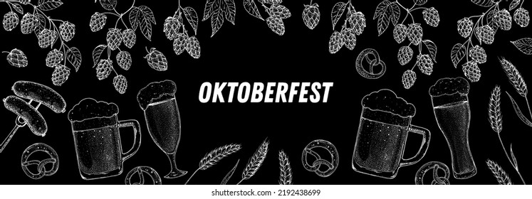 Oktoberfest beer hand drawn vector illustration. Beer mugs, sausages and pretzels. Food and drink sketch. Brewery design template. Beer glass mugs and traditional German Food illustration.