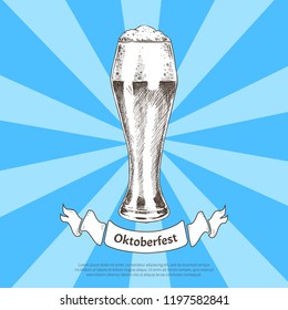 Oktoberfest beer holidays vector illustration, colorful banner isolated striped blue background, graphic image of ale glass with alcohol beverage