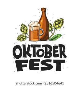 Oktoberfest. Ilustración de cerveza con un vaso, botella, lúpulo y texto en negrita. Letras dibujadas a mano. Vector de Plantilla de diseño de texto.