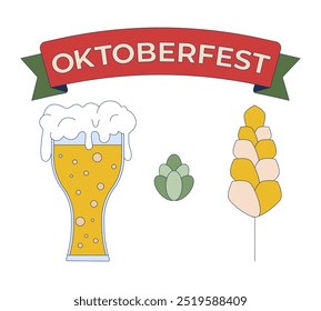 Oktoberfest Bier Zutaten 2D Cartoon Objekte gesetzt. Schäumendes Getränk, Hopfenkegel und Gerste unter Logo-Band einzelne Elemente flache Vektorkliparts auf weißem Hintergrund. Sammlung von Spot-Illustrationen