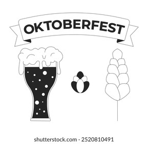 Oktoberfest Bierzutaten schwarz-weiß 2D Linie Objekte gesetzt. Schäumendes Getränk, Hopfen Kegel und Gerste unter Logo Band einzelne Clip Arts Vektorgrafik Artikel Sammlung. Schwarzweißdarstellungen