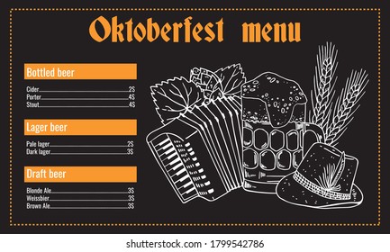 Oktoberfest beer menu design template with list of drinks. Mug, wheat, traditional hat and accordion. Hand drawn outline vector sketch illustration on black background