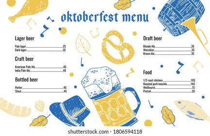 Oktoberfest Biermenüvorlage mit Getränkeliste. Brillen und Essensgrafik. Handgezeichnete Vektorgrafik