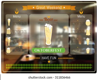 Oktoberfest beer menu & interior blurred background. Flat beer glasses icons, logo, place text.  Design element for the menus, booklets, posters