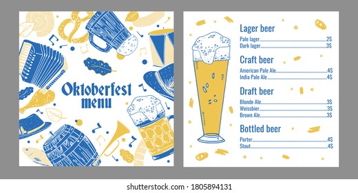 Oktoberfest Biermenü Druckvorlage. Zwei Seiten mit Getränkekarte. Brillen, Essen und traditionelle Objekte, Grafiken. Handgezeichnete Vektorgrafik