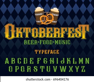 Oktoberfest beer music food typeface. Vector hand crafted font in vintage style with hops, beer mugs, pretzel and traditional Oktoberfest rhombus pattern on background.