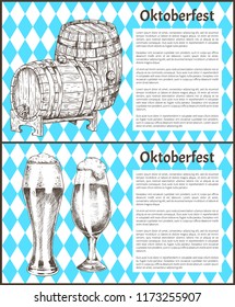 Oktoberfest beer objects set hand drawn icons. Wooden barrels and full tumblers with flowing foam on blue and white rhombuses vintage vector template