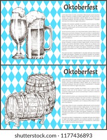 Oktoberfest beer objects set hand drawn icons. Full tumblers with flowing foam and wooden barrels on blue and white rhombuses vintage vector template