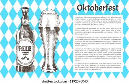 Oktoberfest beer objects set hand drawn icons. Full tumbler with flowing foam and closed bottle on blue and white rhombuses vintage vector template