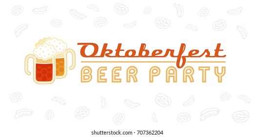 Oktoberfest Beer Party. Festive logo with ale and lager in a retro style. White background with a gray pattern of a German pretzels and sausages. Useful for design of invitation cards for beer events.