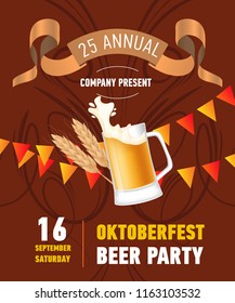 Oktoberfest beer party lettering with beer mug and garlands. Holiday, celebration or offer design. Typed text, calligraphy. For brochures, invitations, posters or banners.