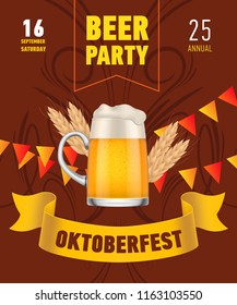 Oktoberfest, beer party lettering with beer mug and wheat. Holiday, celebration or offer design. Typed text, calligraphy. For leaflets, invitations, posters or banners.