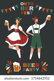 Oktoberfest Beer Party poster design with young man and woman in traditional German clothing toasting with tankards of beer and text with bunting, colored vector illustration