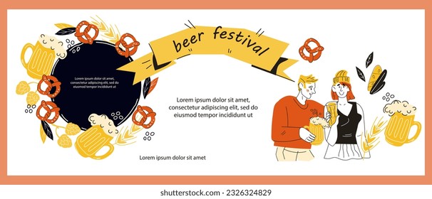 Oktoberfest or beer party poster template with people drinking beer, hand drawn doodle vector illustration on white background. Banner or flyer template for traditional German festival.