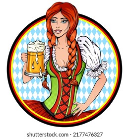 Oktoberfest beer party print. Vector illustration with girl with a glass of beer in a round frame isolated on white. Pub, restaurant and bar design