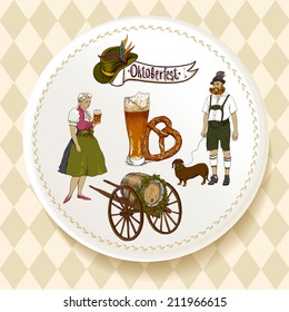 Oktoberfest Beer Set on a white plate Vector illustration Oktoberfest celebration design with Bavarian hat, beer glasses, pretzel and people in traditional costumes. 