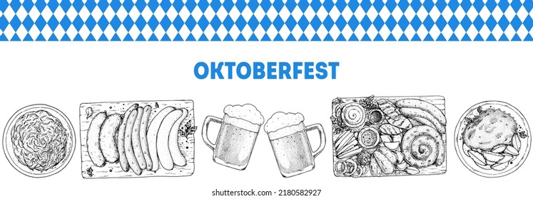 Oktoberfest beer and snack. BBQ sausages. German food sketch. Beer and meat. Hand drawn vector illustration. 