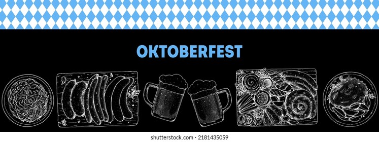 Oktoberfest beer and snack. BBQ sausages. German food sketch. Beer and meat. Hand drawn vector illustration.