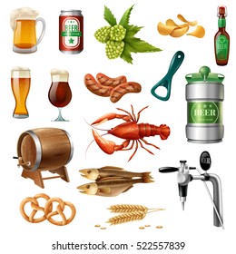 Oktoberfest beer snacks and accessories colorful icons collection with oak barrel lobster and pretzels isolated vector illustration