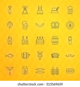Oktoberfest Beer Thin Line Icons Set. Vector Collection of Festival Holiday Modern Thin Line Icons for Web and Mobile over Yellow Polygonal Blurred Abstract Background