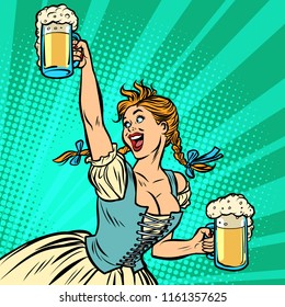 Oktoberfest beer. Woman waitress in traditional German costume. Comic cartoon pop art retro vector illustration drawing