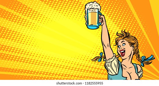 Oktoberfest beer. Woman waitress in traditional German costume. Comic cartoon pop art retro vector illustration drawing