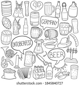 Oktoberfest-Bier-Doodle-Symbol-Set. Deutschland Kollektion Vektorgrafik. Banner Handgezeichnete Linie Art Stil.