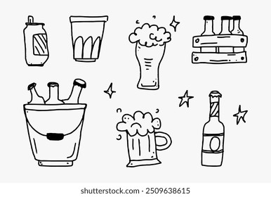 Oktoberfest beers doodle icon set. Germany vector illustration collection. Banner hand drawn line art style. Set of beer festival. St. Patrick's Day. Naive childish art.